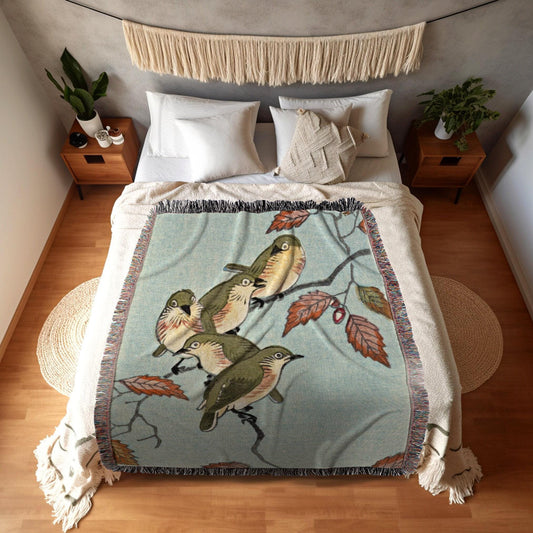 Japanese Woven Tapestry | Japanese Bird Art Blanket | Ohara Koson Art | Custom Woven Throw Blanket | Vintage Woven Tapestry Japanese Art |