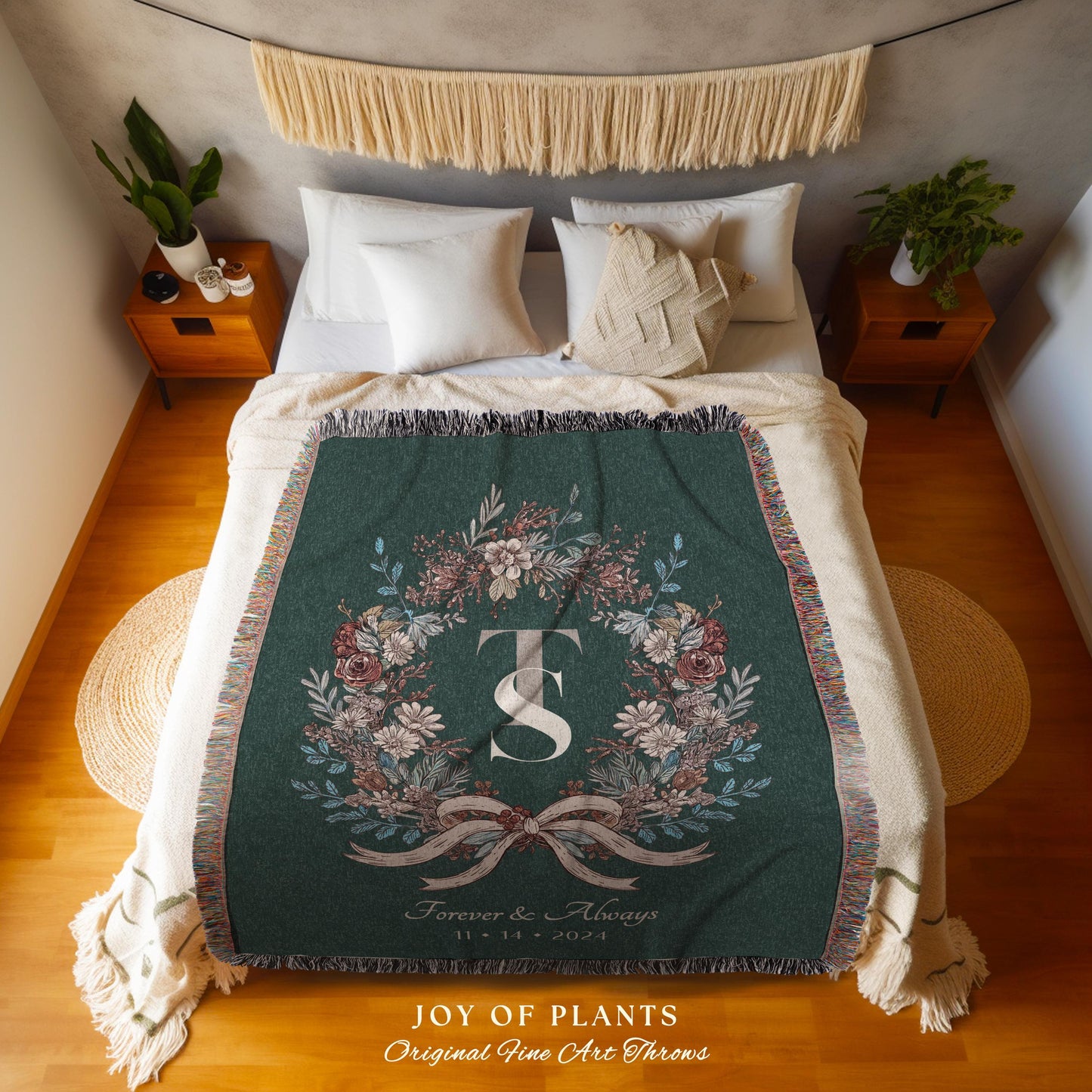 Cozy Newlyweds Initials Throw Blanket | Personalized Keepsake His and Hers Woven Tapestry Custom Dating Anniversary Floral Wreath for Her |