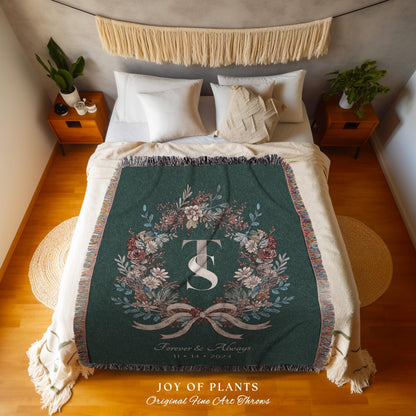 Cozy Newlyweds Initials Throw Blanket | Personalized Keepsake His and Hers Woven Tapestry Custom Dating Anniversary Floral Wreath for Her |