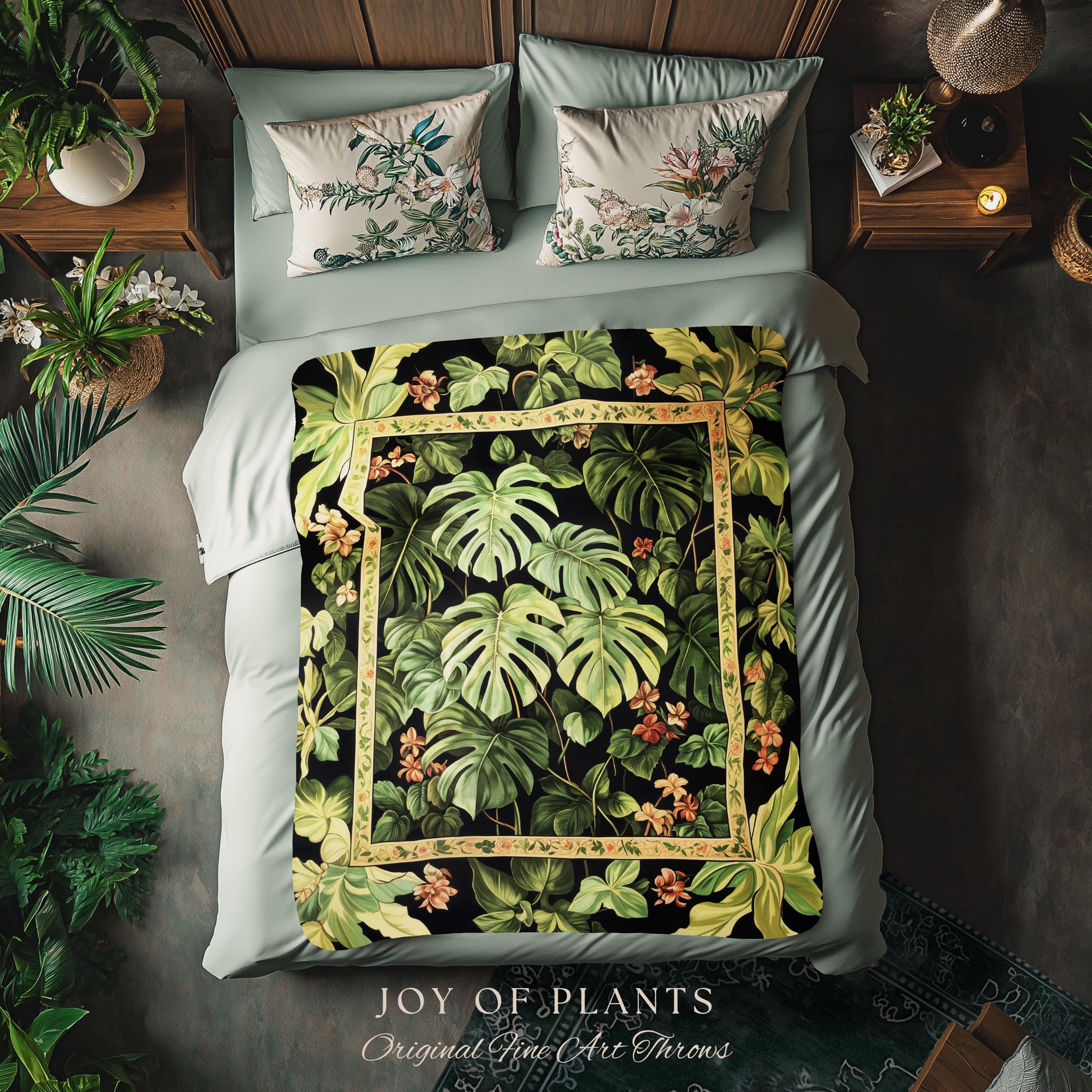 Ethereal Monstera Woodland Botanical Blanket | Tropical Aesthetic Dark Floral Houseplant Lover Whimsical Home Decor Tapestry Woven Throw |