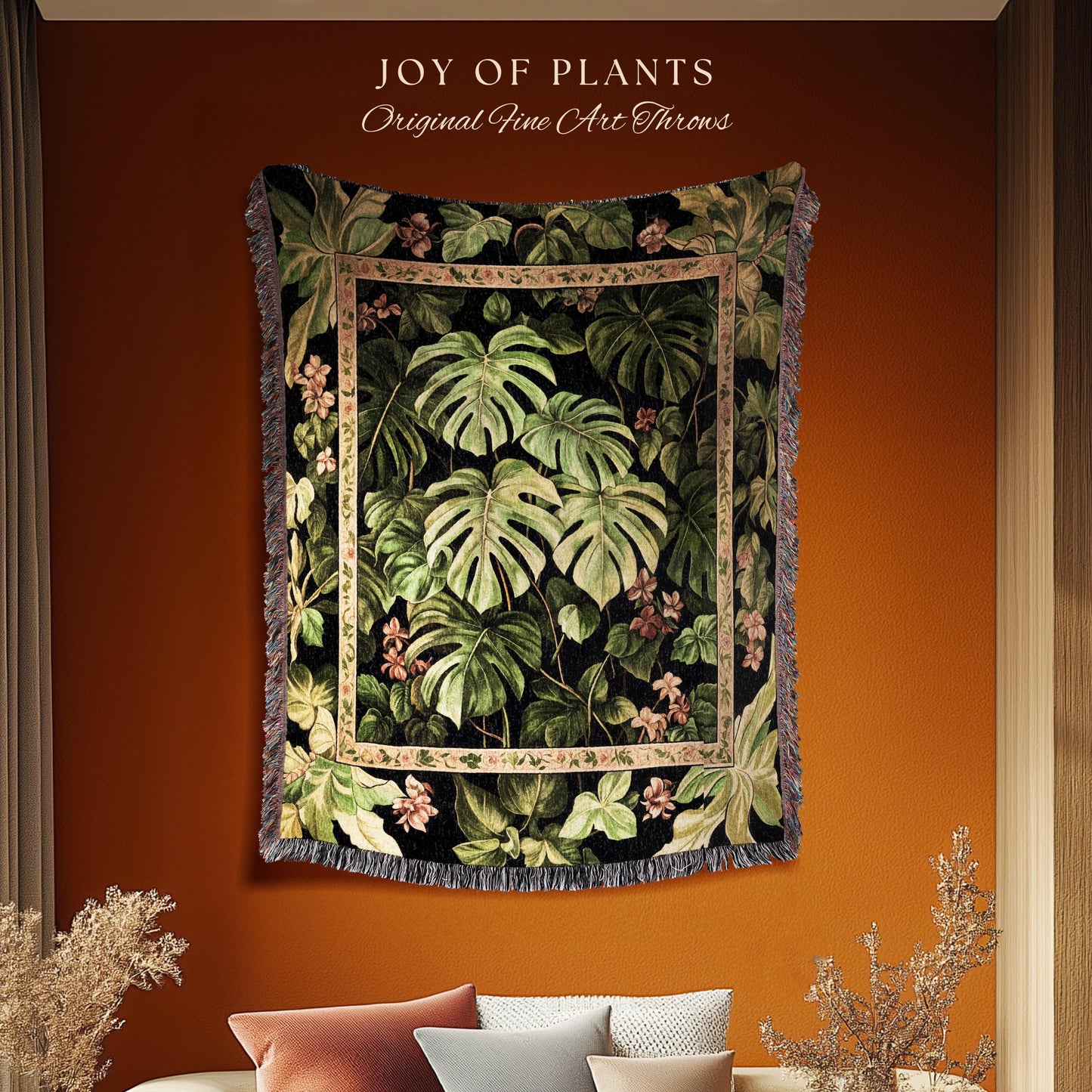 Ethereal Monstera Woodland Botanical Blanket | Tropical Aesthetic Dark Floral Houseplant Lover Whimsical Home Decor Tapestry Woven Throw |