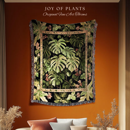 Ethereal Monstera Woodland Botanical Blanket | Tropical Aesthetic Dark Floral Houseplant Lover Whimsical Home Decor Tapestry Woven Throw |