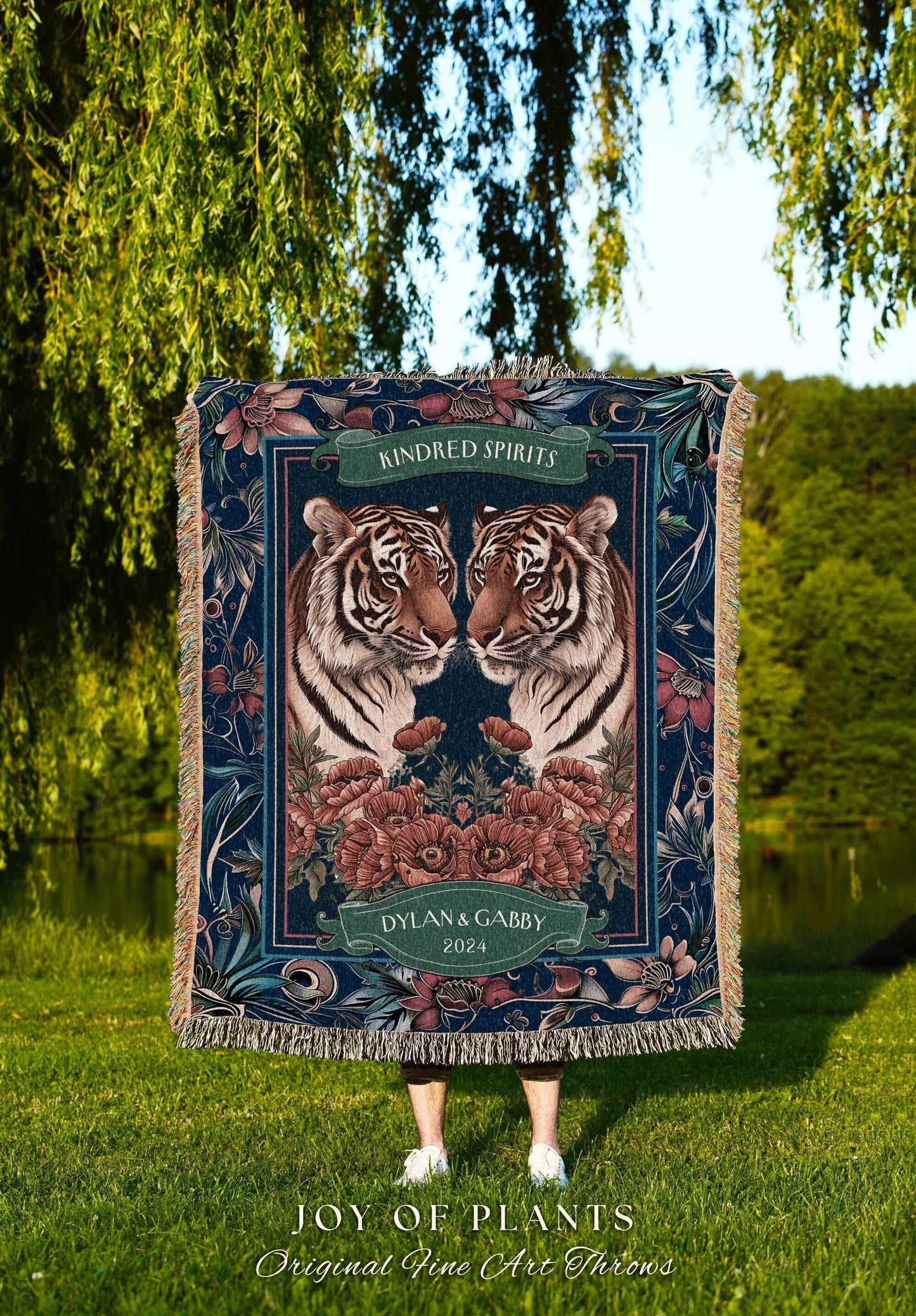 Tiger Throw Blanket Custom Name Tapestry | Personalized Gift for Partner Cozy Woven Cotton Dark Blue Throw Blanket Personalized His & Hers