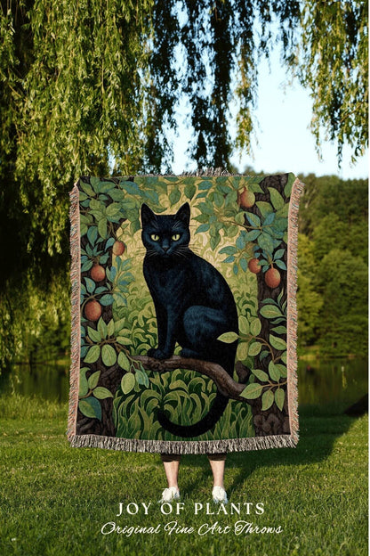 Maximalist Black Cat Throw Blanket | Cat Lover Blanket Gift Decor William Morris Inspired Bedroom Tapestry Woven Botanical Minky Cottagecore