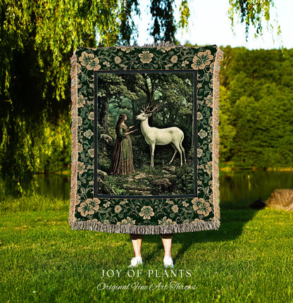 Lush Woodland Folklore Tapestry Woven | Forest Nymph Castlecore Botanical Throw Blanket Forest Spirits Deep Emerald Green Bedroom Accent |