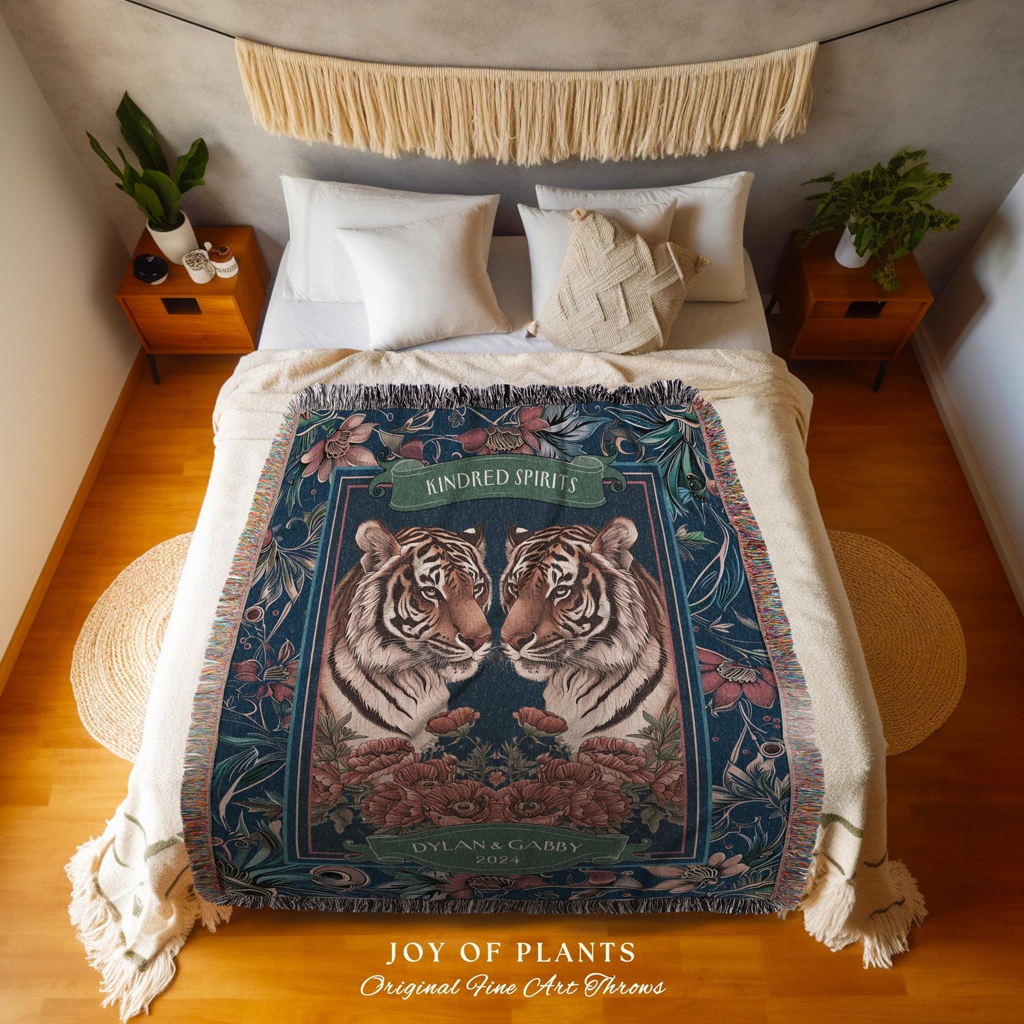 Tiger Throw Blanket Custom Name Tapestry | Personalized Gift for Partner Cozy Woven Cotton Dark Blue Throw Blanket Personalized His & Hers