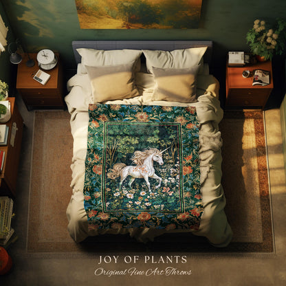 Storybook Aesthetic Mystic Unicorn Blanket | Colorful Maximalist Woven Tapestry Whimsical Victorian Fairycore Ethereal Medieval Woodland |