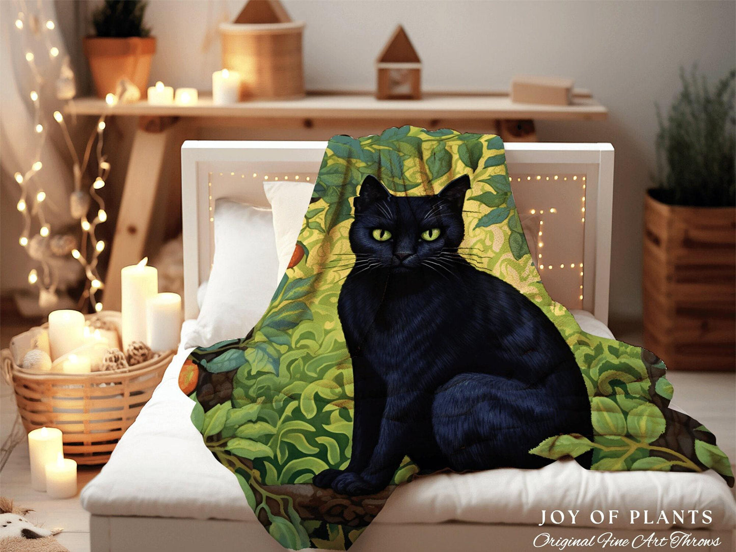Maximalist Black Cat Throw Blanket | Cat Lover Blanket Gift Decor William Morris Inspired Bedroom Tapestry Woven Botanical Minky Cottagecore