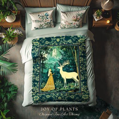 Mystic Animal Guardian Tapestry | Fairy Forest Throw Blanket Ethereal Woods Folklore Woven Wall Art Enchanted Cottagecore Bedroom Magical |
