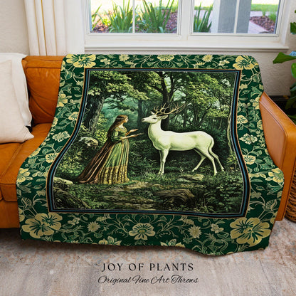 Lush Woodland Folklore Tapestry Woven | Forest Nymph Castlecore Botanical Throw Blanket Forest Spirits Deep Emerald Green Bedroom Accent |