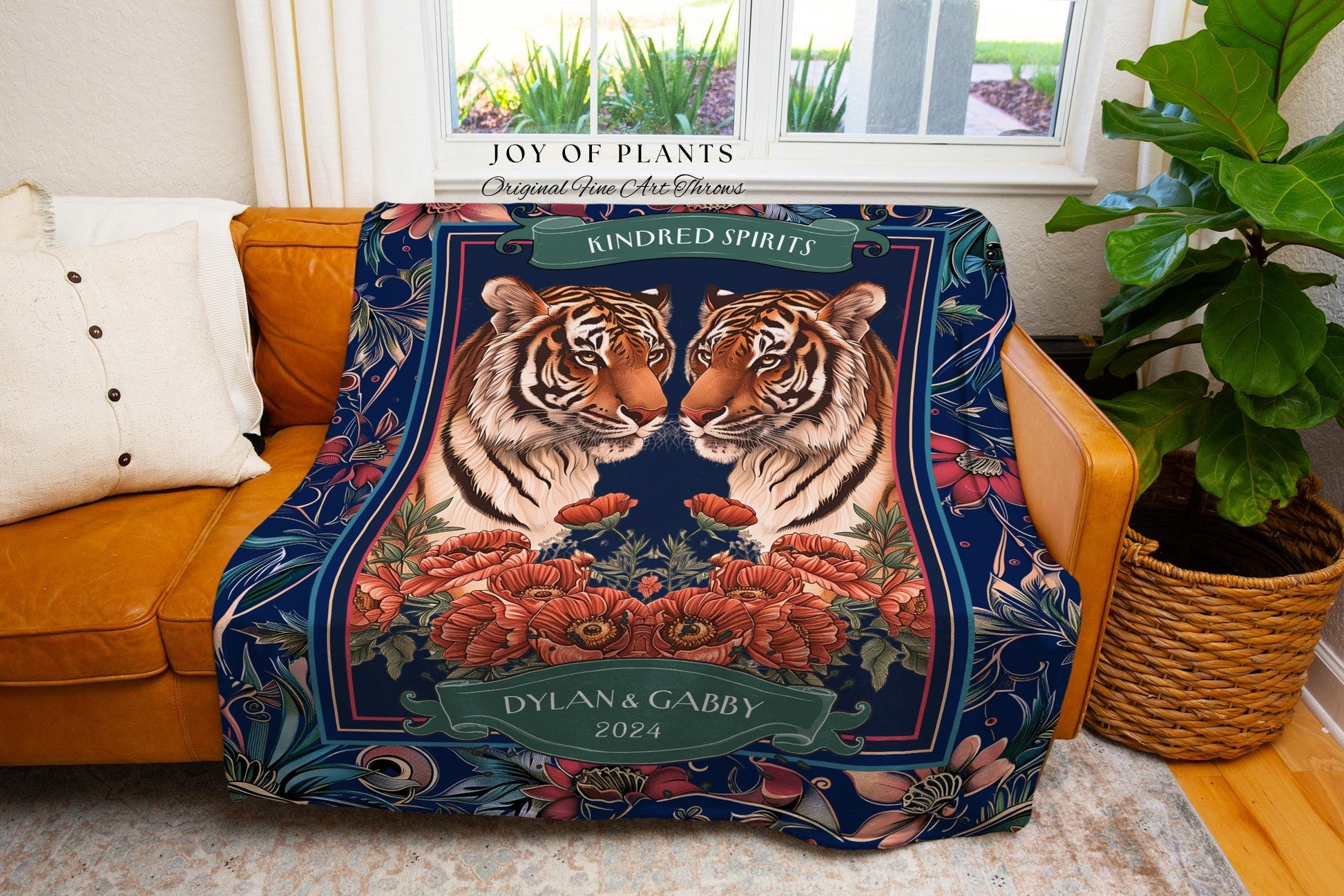 Tiger Throw Blanket Custom Name Tapestry | Personalized Gift for Partner Cozy Woven Cotton Dark Blue Throw Blanket Personalized His & Hers