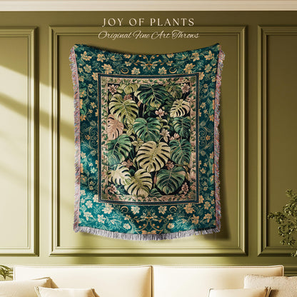 Cozy Plant Room Throw Blanket | Jungle Vibes Dark Academia Woven Tapestry Houseplant Lover Housewarming Gift Whimsigoth Eclectic Bedroom |