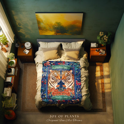 Tiger Throw Blanket Custom Name Tapestry | Personalized Gift for Partner Cozy Woven Cotton Dark Blue Throw Blanket Personalized His & Hers