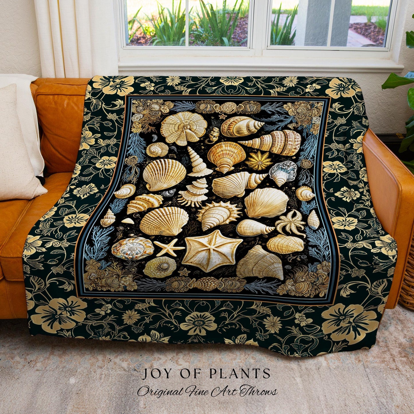 Cozy Beach House Seashell Throw Blanket | Vintage Coastal Aesthetic Beachy Rustic Woven Tapestry Crustacean Inspired Lake House Summer Decor