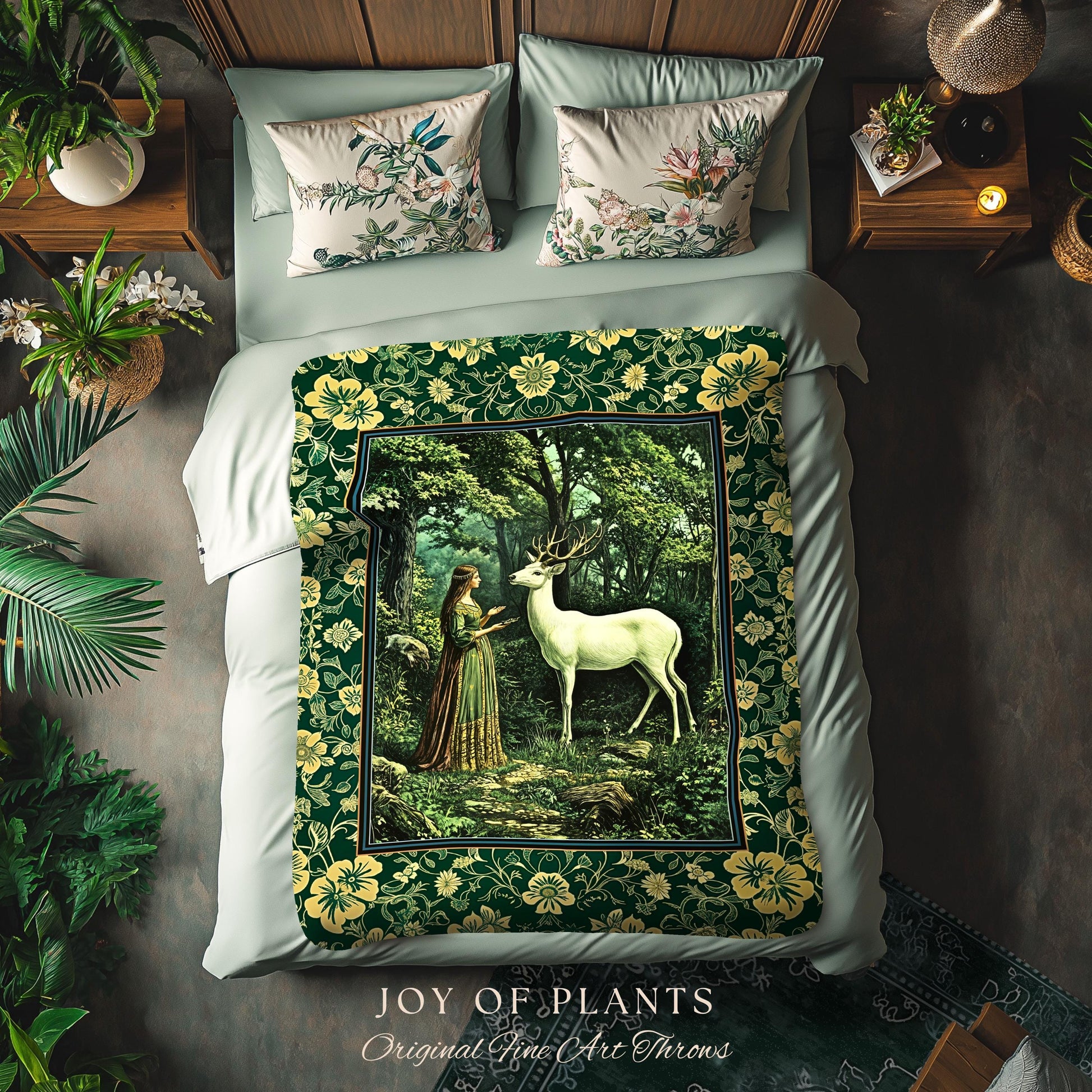 Lush Woodland Folklore Tapestry Woven | Forest Nymph Castlecore Botanical Throw Blanket Forest Spirits Deep Emerald Green Bedroom Accent |