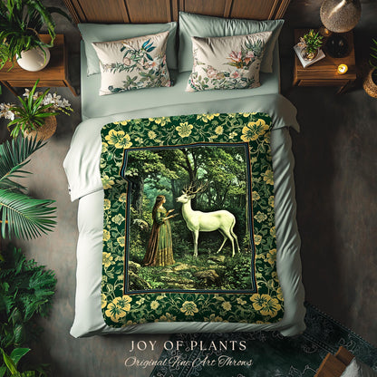 Lush Woodland Folklore Tapestry Woven | Forest Nymph Castlecore Botanical Throw Blanket Forest Spirits Deep Emerald Green Bedroom Accent |