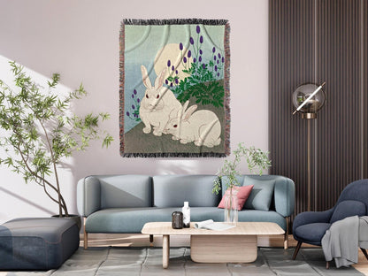 Rabbit Blanket Woven Thorw Blanket | Vintage Japanese Art Tapestry | Japanese Rabbit Art Blanket | Ohara Koson Art Print Woven Blanket