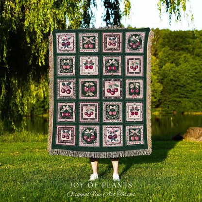 Retro Cherry Blanket Woven Throw | Girly Aesthetics Cottagecore Farmhouse Wall Tapestry Coquette Sweetheart Maximalist Decoration Vintage |