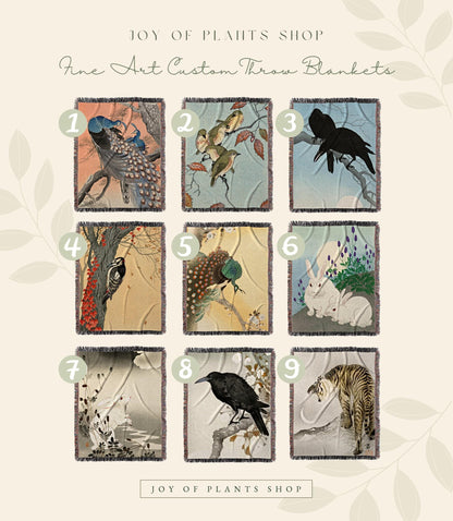 Rabbit Blanket Woven Thorw Blanket | Vintage Japanese Art Tapestry | Japanese Rabbit Art Blanket | Ohara Koson Art Print Woven Blanket