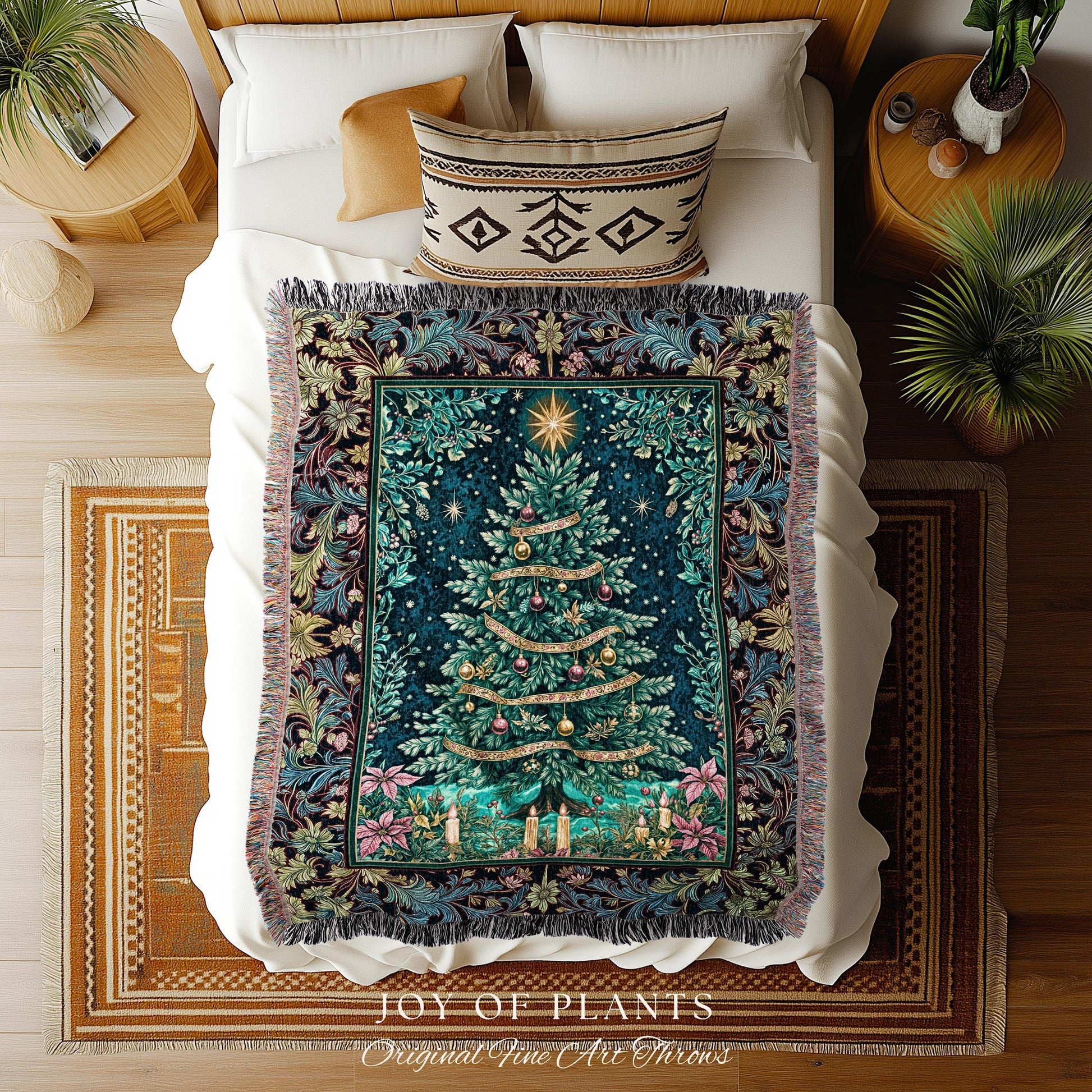 Candlelight Christmas Holiday Blanket | Rustic Woven Tapestry Cozy Winter Decor Red Gold Ornaments Cottagecore Vintage Nostalgic Xmas Style