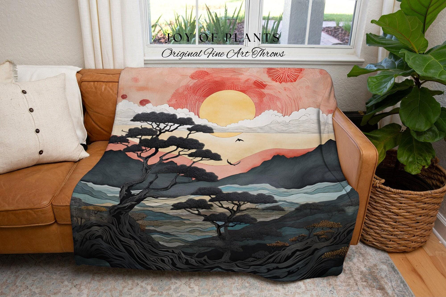 Japanese Aesthetic Landscape Tapestry Woven Throw | Japanese Wall Art Tree Tapestry Sunset Mountain Blanket Woven Nature Inspired Deco