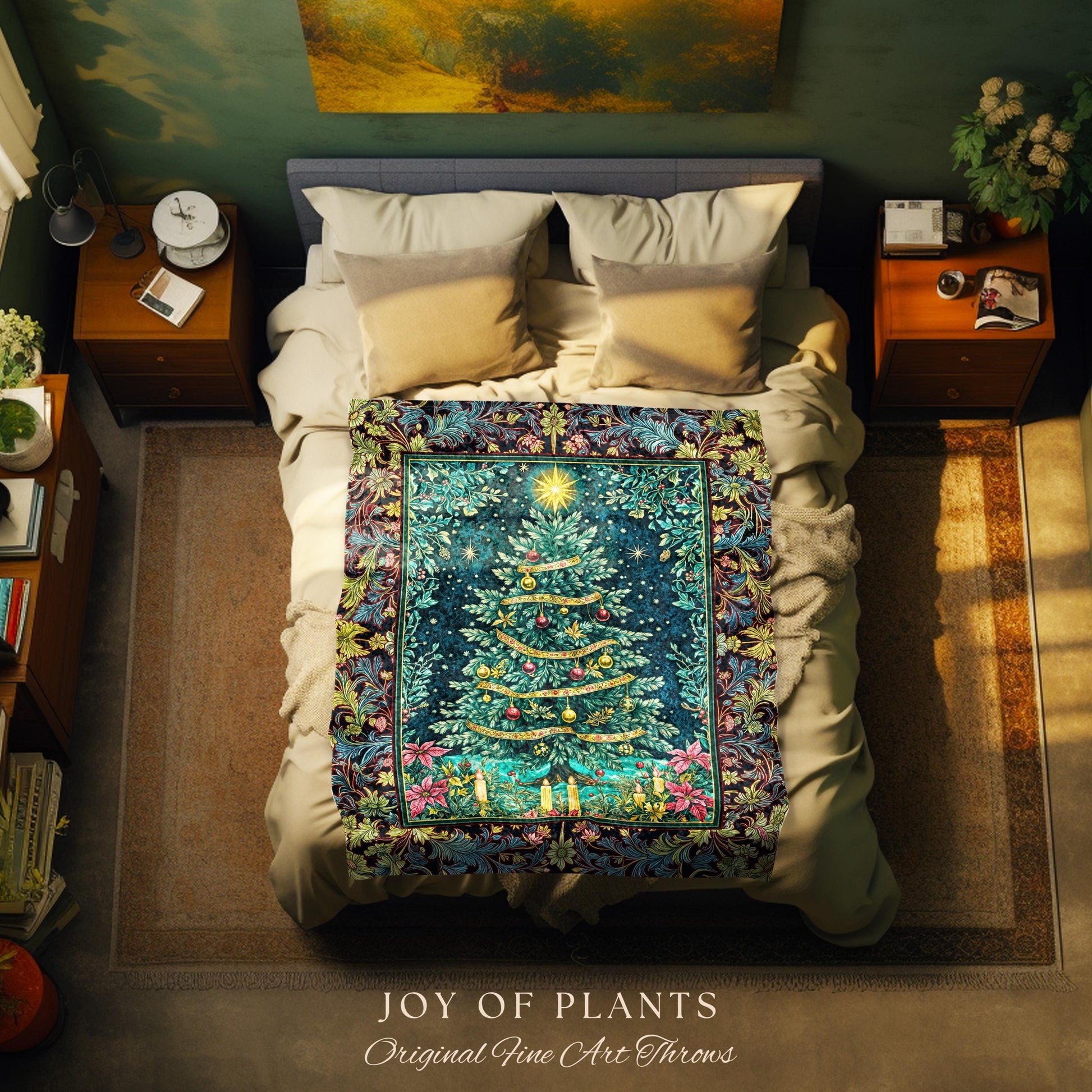 Candlelight Christmas Holiday Blanket | Rustic Woven Tapestry Cozy Winter Decor Red Gold Ornaments Cottagecore Vintage Nostalgic Xmas Style