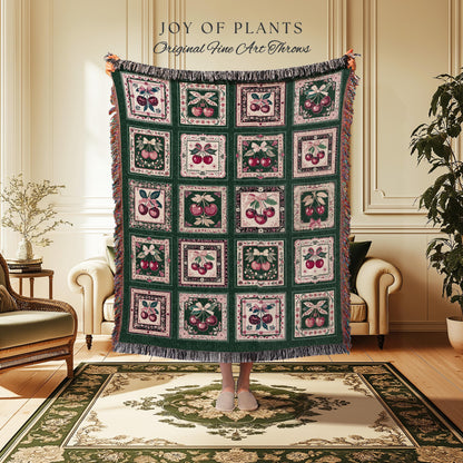 Retro Cherry Blanket Woven Throw | Girly Aesthetics Cottagecore Farmhouse Wall Tapestry Coquette Sweetheart Maximalist Decoration Vintage |