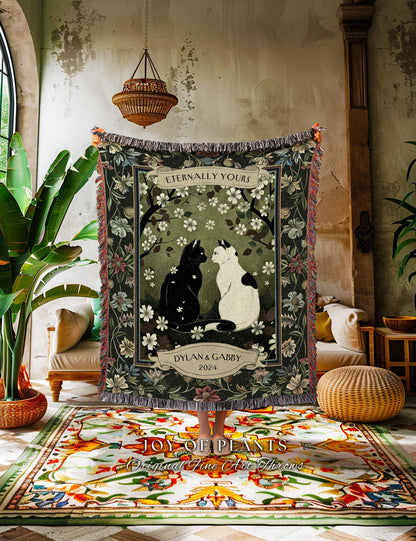Fairytale Lovers Cat Couple Blanket Custom | Whimsical Woodland Aesthetic Woven Throw Custom His & Hers Dark Academia Gift for Girlfriend |