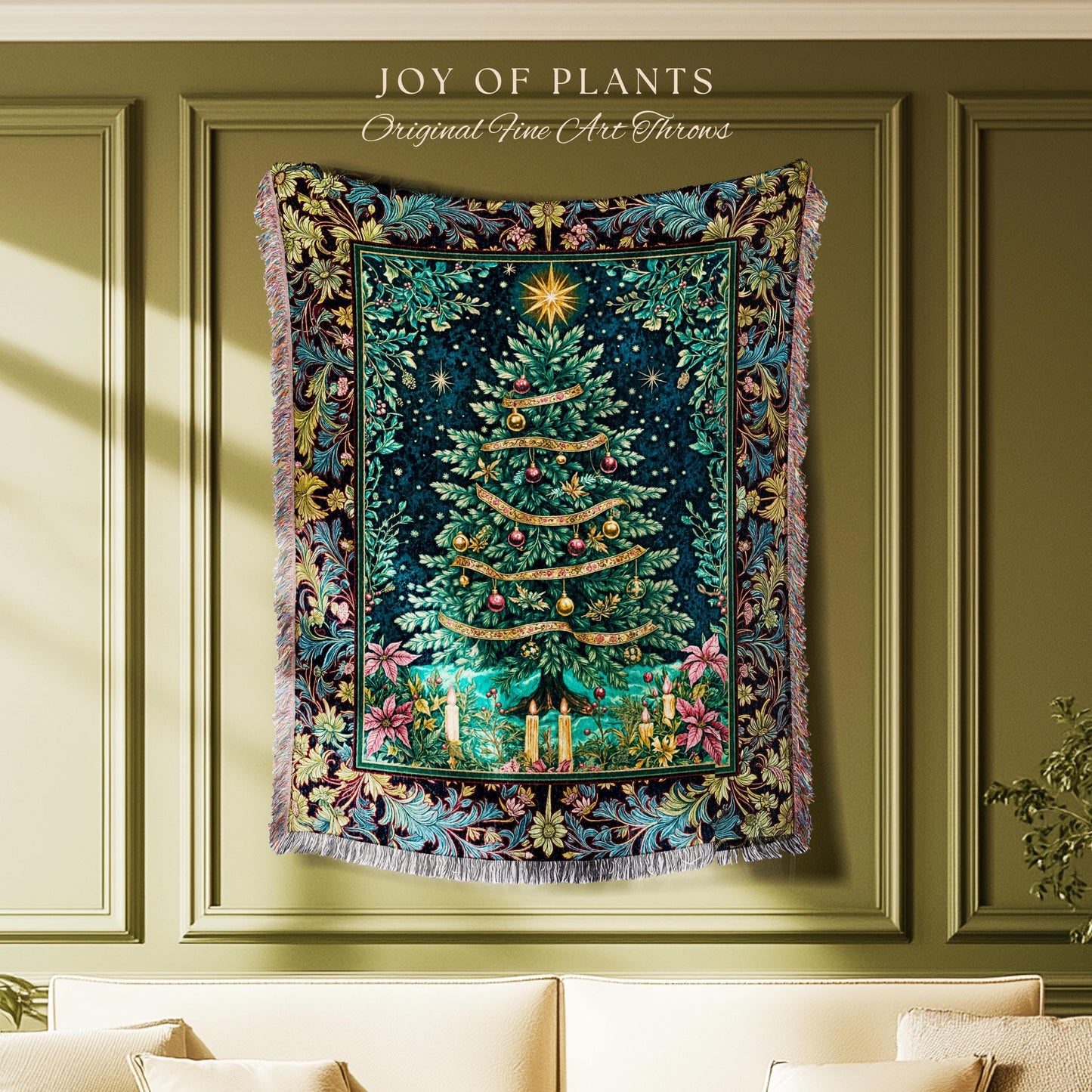 Candlelight Christmas Holiday Blanket | Rustic Woven Tapestry Cozy Winter Decor Red Gold Ornaments Cottagecore Vintage Nostalgic Xmas Style