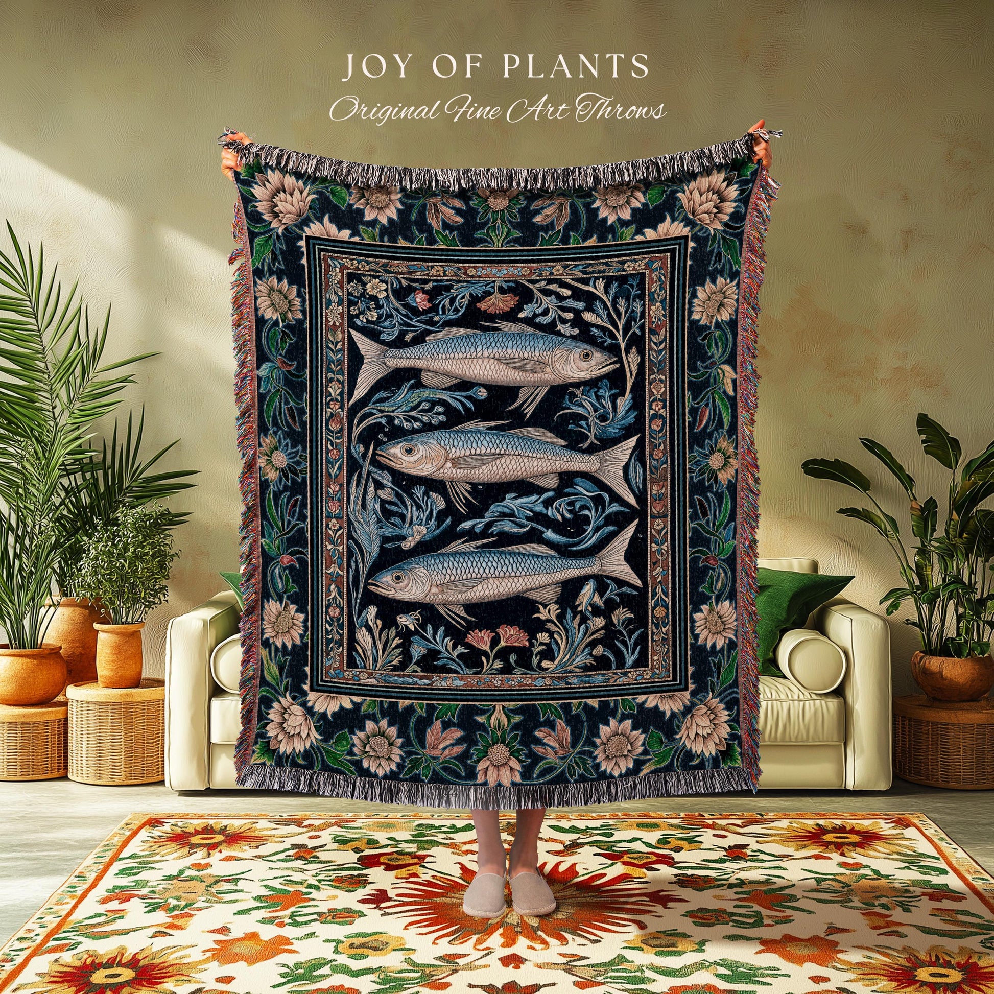 Botanical Marine Life Woven Throw Blanket | Coastal Aesthetic Beachy Whimsical Sardine Tapestry Nautical Lake House Decor Eclectic Floral |