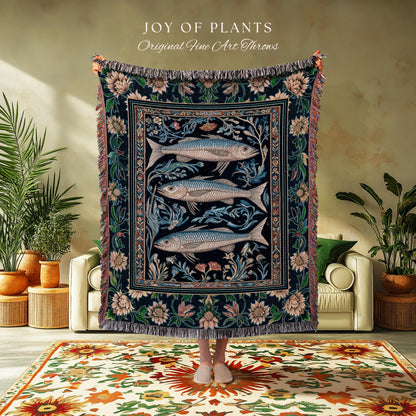 Botanical Marine Life Woven Throw Blanket | Coastal Aesthetic Beachy Whimsical Sardine Tapestry Nautical Lake House Decor Eclectic Floral |