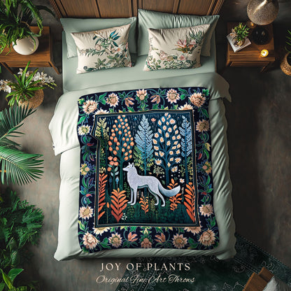 Floral Woodland Cozy Boho Blanket | Cabincore Indie Aesthetic Folklore Cute Wolf Nursery Fairytale Danish Pastel Cottagecore Whimsical |