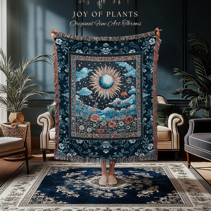 Retro Astrology Throw Blanket | Whimsigothic Bedroom Maximalist Hippie Bedroom Floral Woven Tapestry Psychedelic Cottagecore Ethereal Bed |