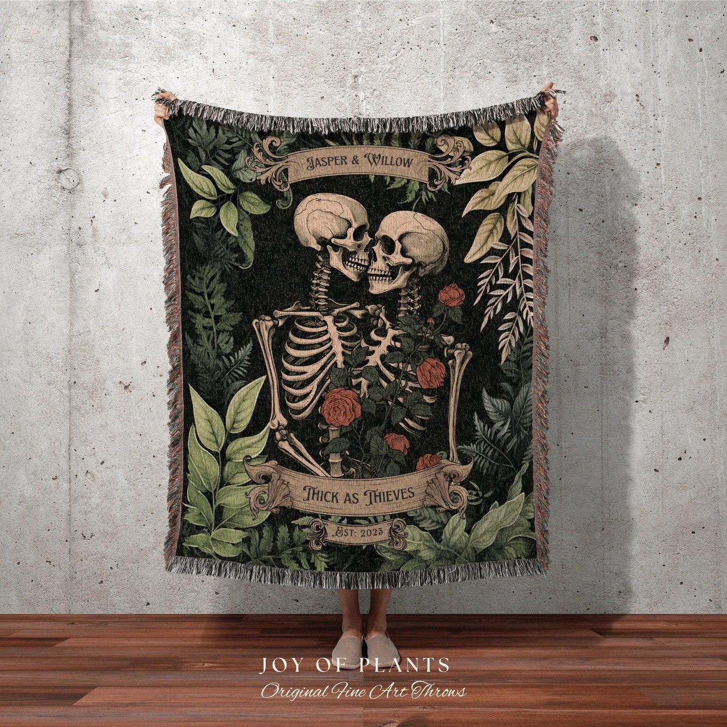 Botanical Skeleton Blanket Woven | Gothic Wedding Custom Blanket Woven Tapestry Cottagecore Wedding Personalized Anniversary Gift For Goths