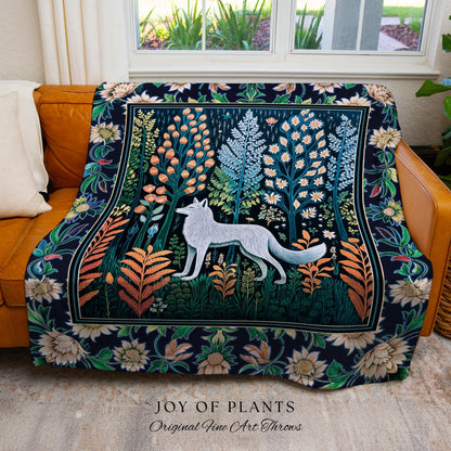 Floral Woodland Cozy Boho Blanket | Cabincore Indie Aesthetic Folklore Cute Wolf Nursery Fairytale Danish Pastel Cottagecore Whimsical |