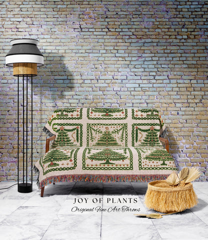 Rustic Pine Tree Holiday Blanket Traditional Forest Green Christmas Decor | Cozy Winter Folk Art Tapestry Throw Classic Seasonal Home Decor