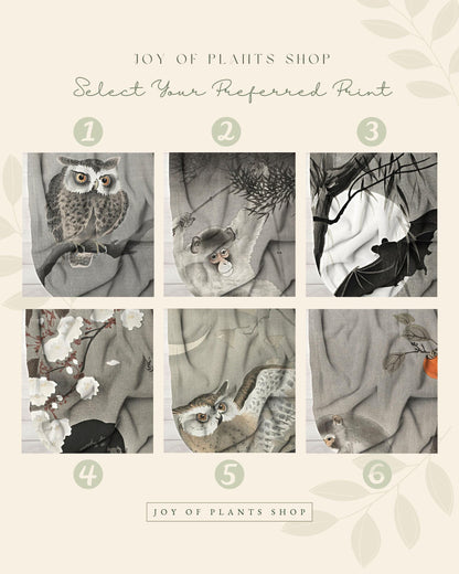 Japanese Watercolor Owl Art | Woven Japanese Blanket | Owl Art | Black Crow Core | Watercolor Vintage Throw Blanket | Woven Tapestry Gothic
