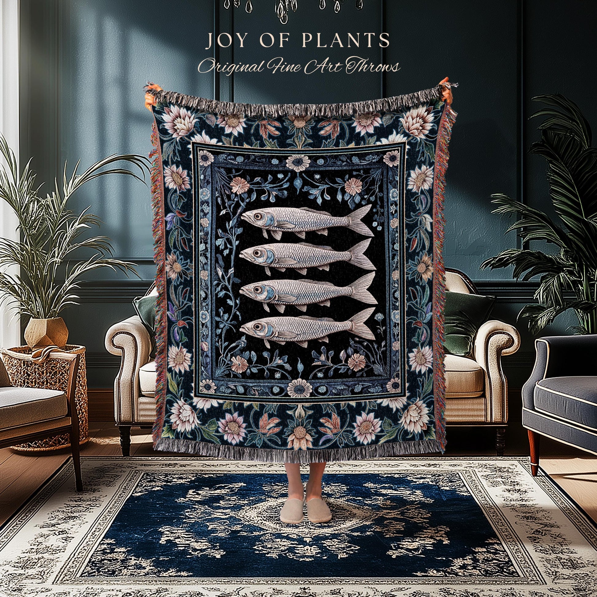 Midnight Purple Sardine Throw Blanket | Ethereal Botanical Beach House Woven Wall Tapestry Eclectic Marine Life Nautical Coastal Aesthetic |