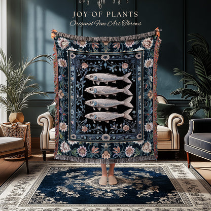 Midnight Purple Sardine Throw Blanket | Ethereal Botanical Beach House Woven Wall Tapestry Eclectic Marine Life Nautical Coastal Aesthetic |