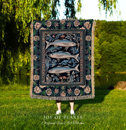 Botanical Marine Life Woven Throw Blanket | Coastal Aesthetic Beachy Whimsical Sardine Tapestry Nautical Lake House Decor Eclectic Floral |