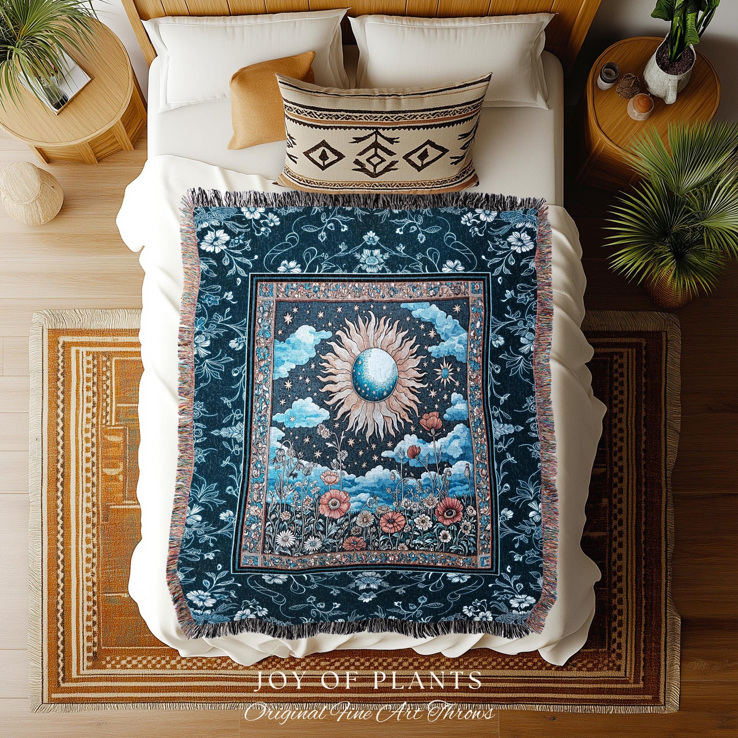 Retro Astrology Throw Blanket | Whimsigothic Bedroom Maximalist Hippie Bedroom Floral Woven Tapestry Psychedelic Cottagecore Ethereal Bed |
