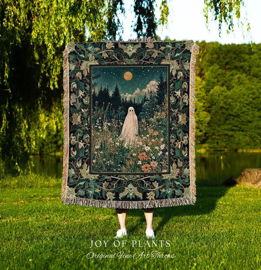 Golden Harvest Moon Ghost Blanket | Spooky Vibes Halloween Aesthetic Cute Decor Wildflower Woven Throw Cozy Fall Accent Whimsical Botanical