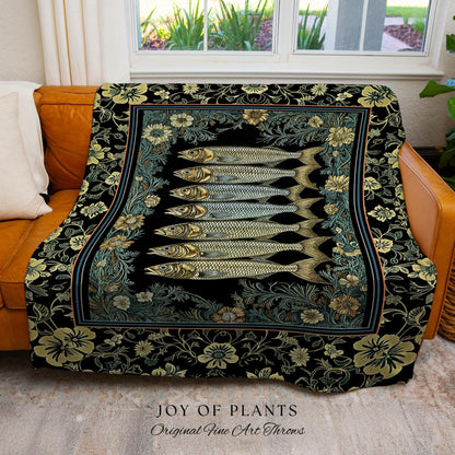 Ocean Folklore Nautical Sardine Blanket | Oceancore Woven Wall Tapestry Costal Fish Marine Life Home Accent Ocean Inspired Fish Aesthetic |