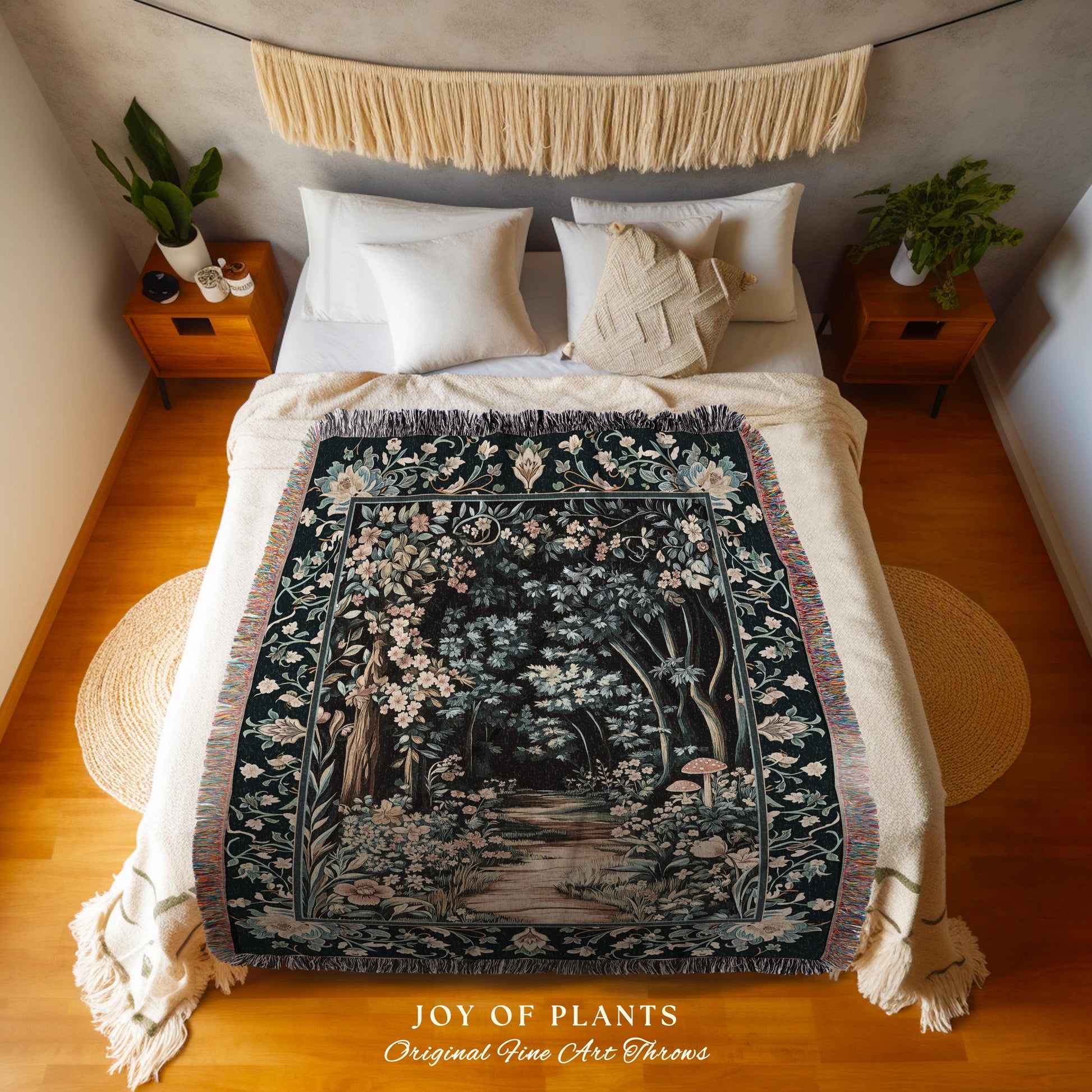 Dreamy Forest Landscape Botanical Blanket | Misty Forest Dark Cottagecore Aesthetic Fairycore Book Nook Woven Tapestry Magical Jungle Decor