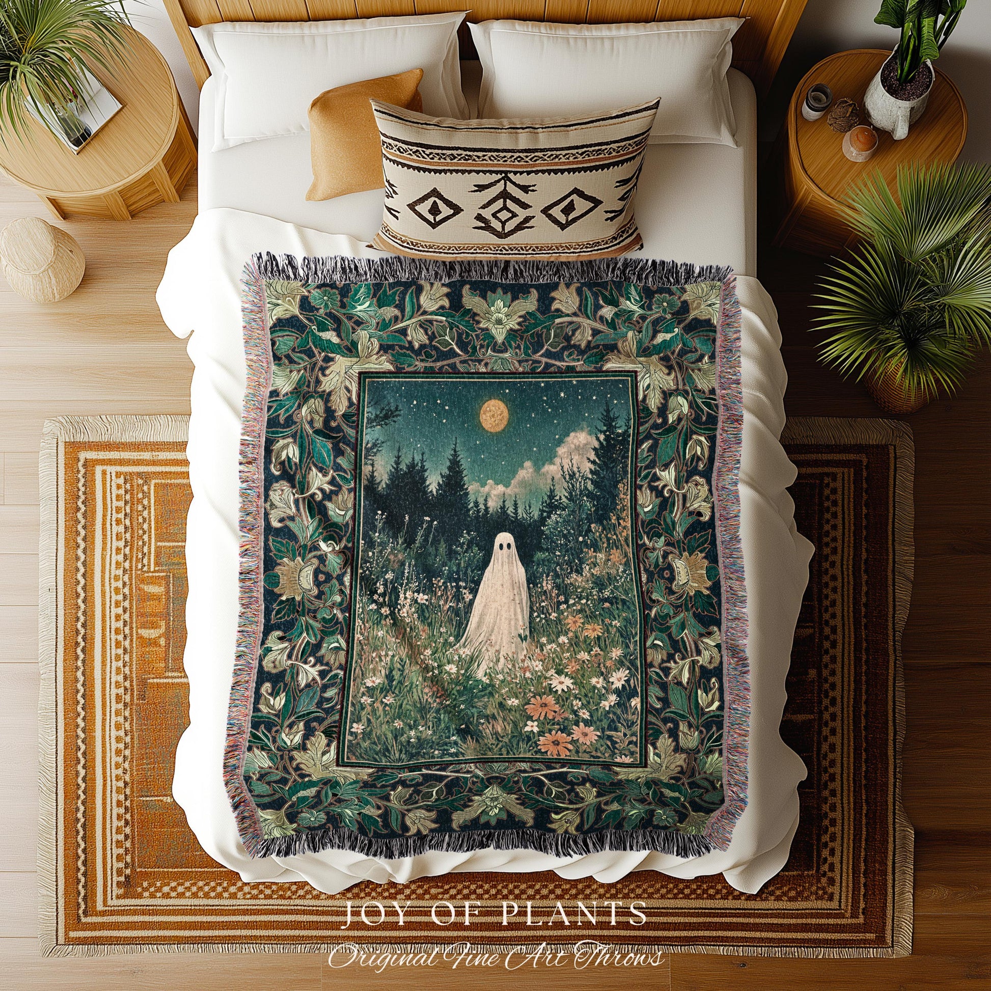 Golden Harvest Moon Ghost Blanket | Spooky Vibes Halloween Aesthetic Cute Decor Wildflower Woven Throw Cozy Fall Accent Whimsical Botanical