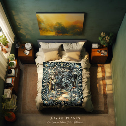 Dreamy Forest Landscape Botanical Blanket | Misty Forest Dark Cottagecore Aesthetic Fairycore Book Nook Woven Tapestry Magical Jungle Decor