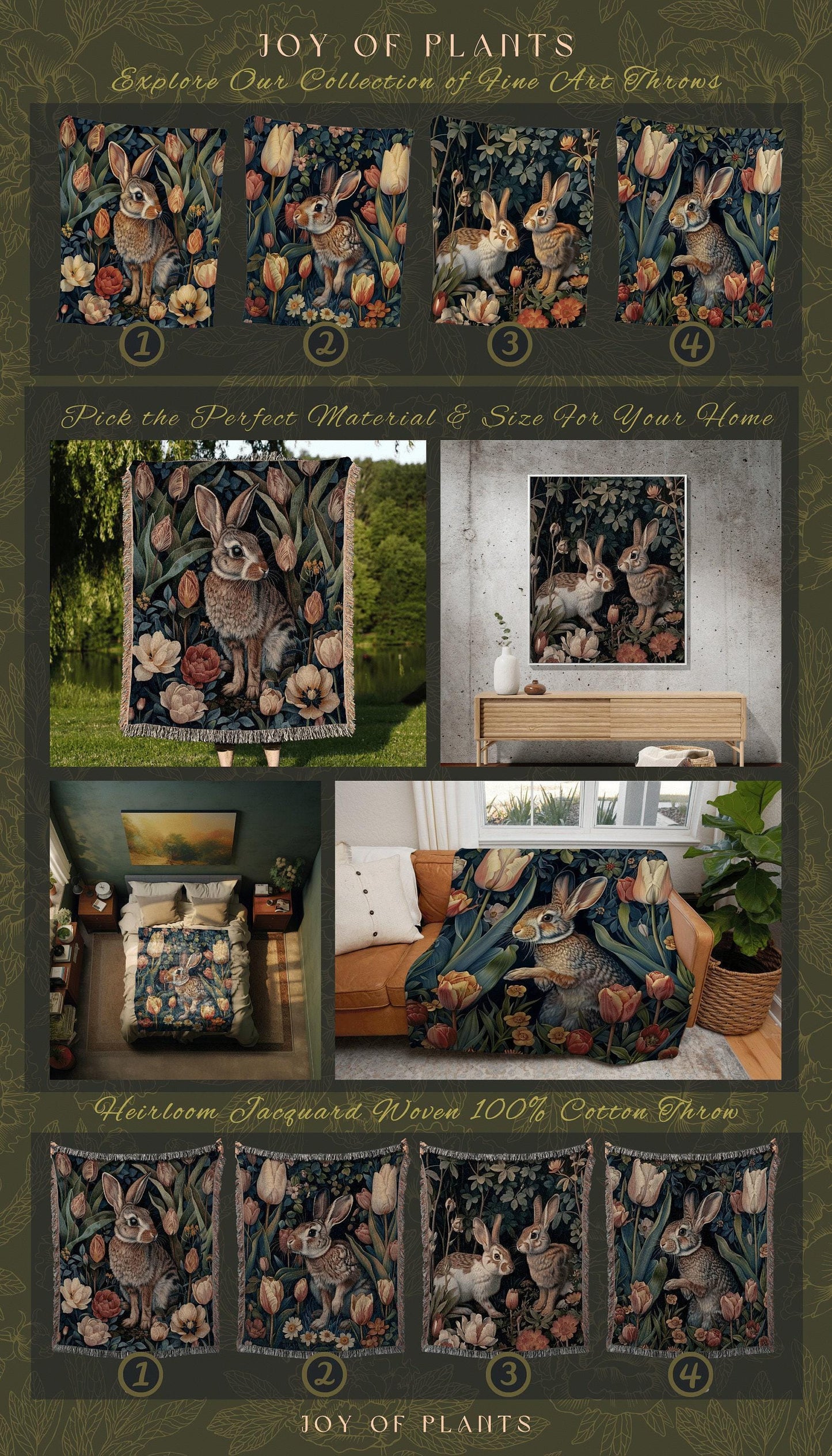 Dark Botanical Rabbit Blanket | Bunny Tapestry Boho Room Decor Woodland Aesthetic Dark Academia Throw Spring Wallhanging Woven Throw