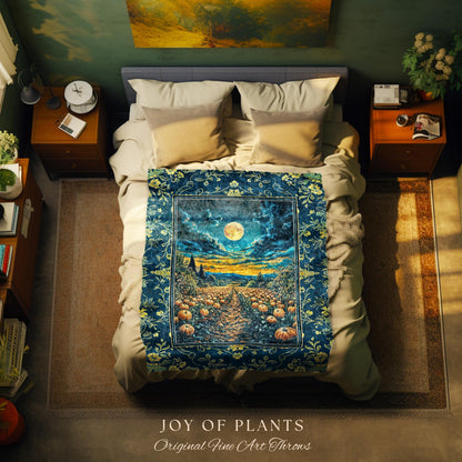 Dark Moody Harvest Moon Throw Blanket | Whimsigoth Dark Academia Vibe Pumpkin Patch Woven Tapestry Spooky Season Rustic Fall Decor Halloween