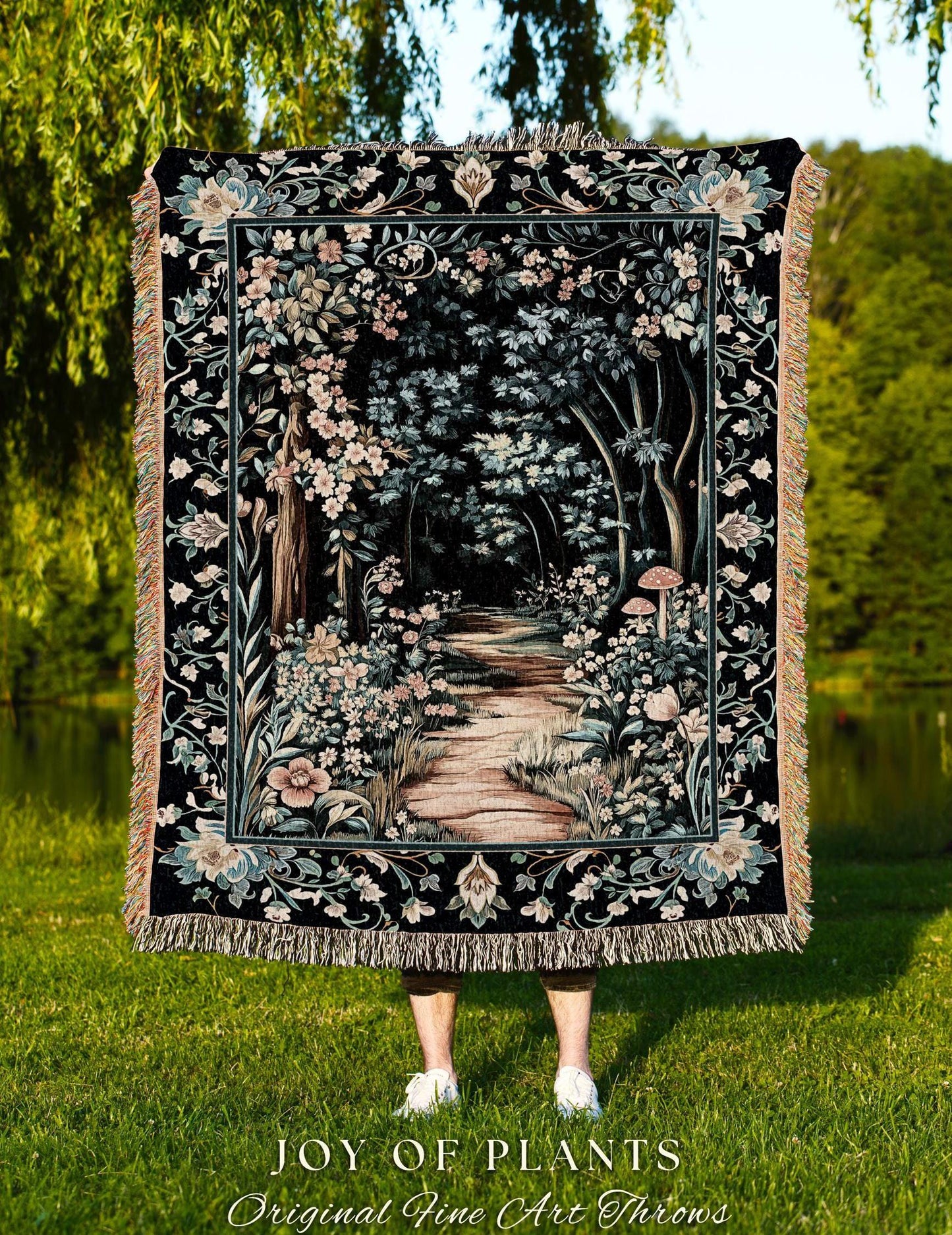 Dreamy Forest Landscape Botanical Blanket | Misty Forest Dark Cottagecore Aesthetic Fairycore Book Nook Woven Tapestry Magical Jungle Decor