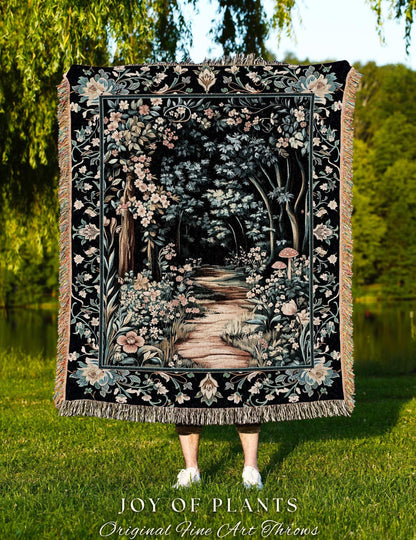 Dreamy Forest Landscape Botanical Blanket | Misty Forest Dark Cottagecore Aesthetic Fairycore Book Nook Woven Tapestry Magical Jungle Decor